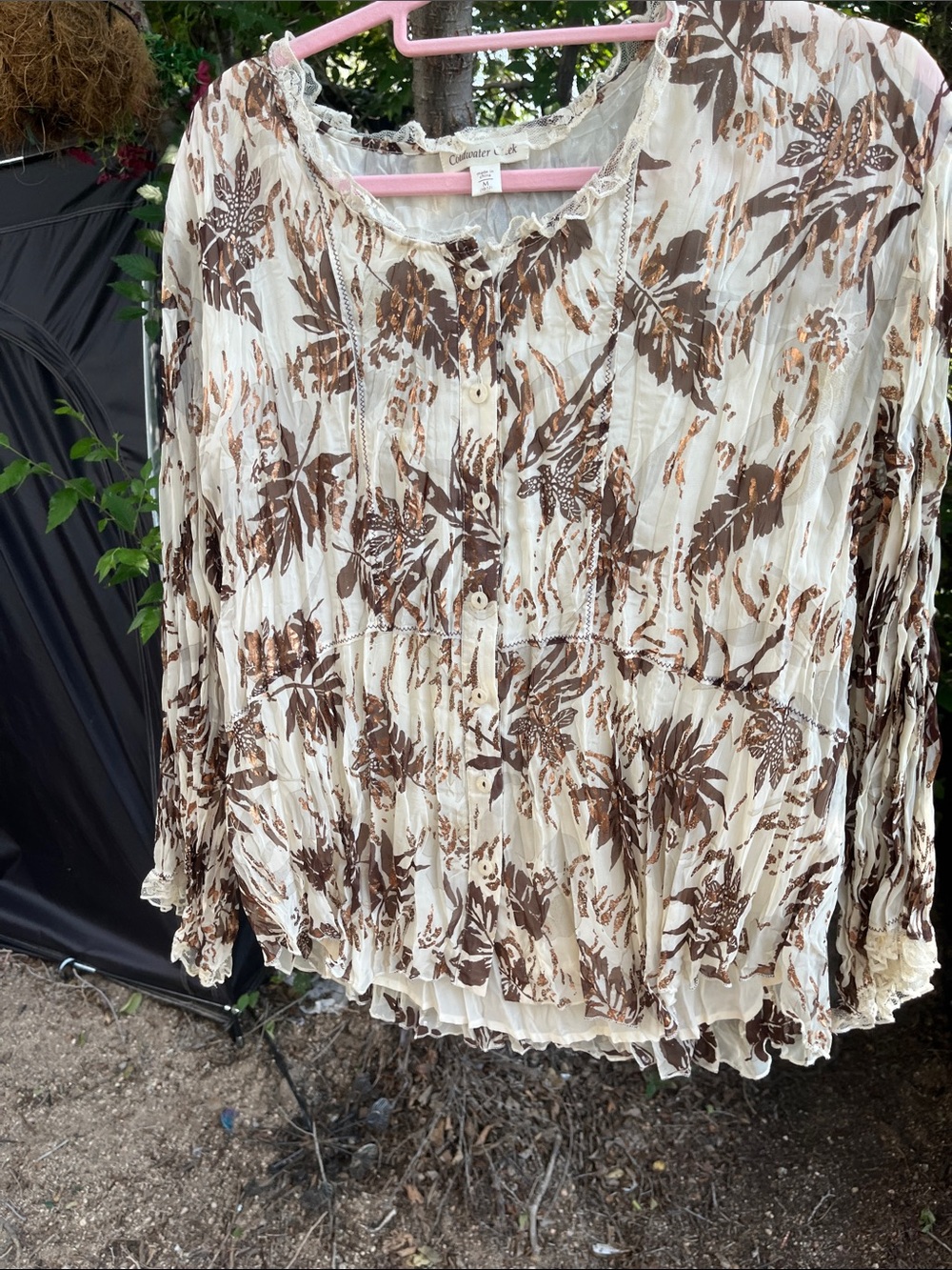 Coldwater Creek Cream and Brown Floral Button-Down Blouse